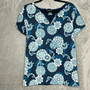 Van Heusen XL Shirt Top Blue Floral Flower Short Sleeve V Neck Cotton Blend